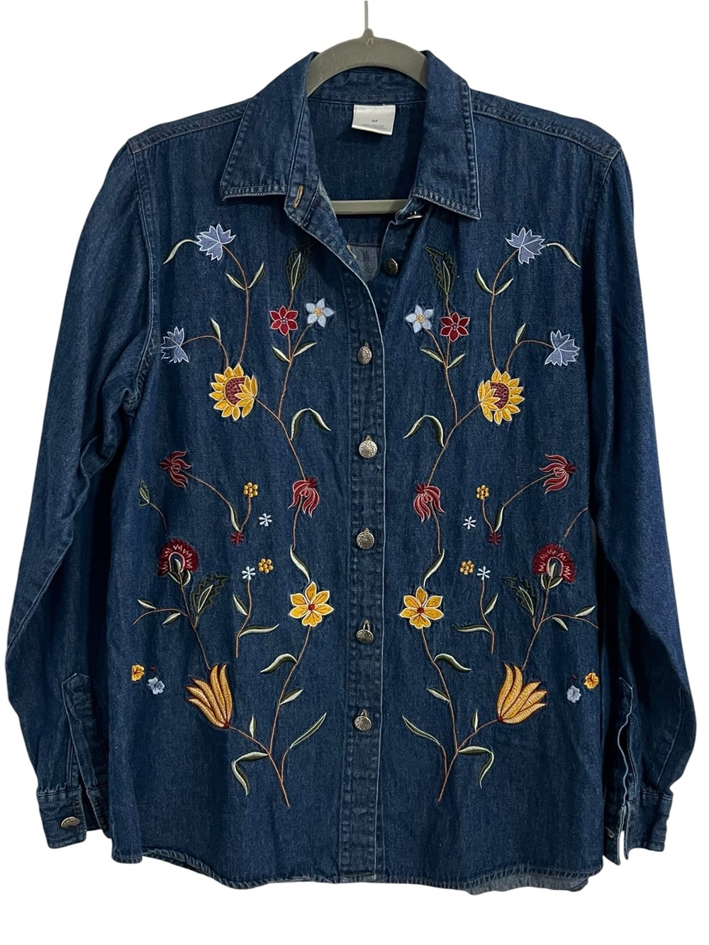 Vintage Floral Embroidered Dark Blue Denim Button-Up Shirt